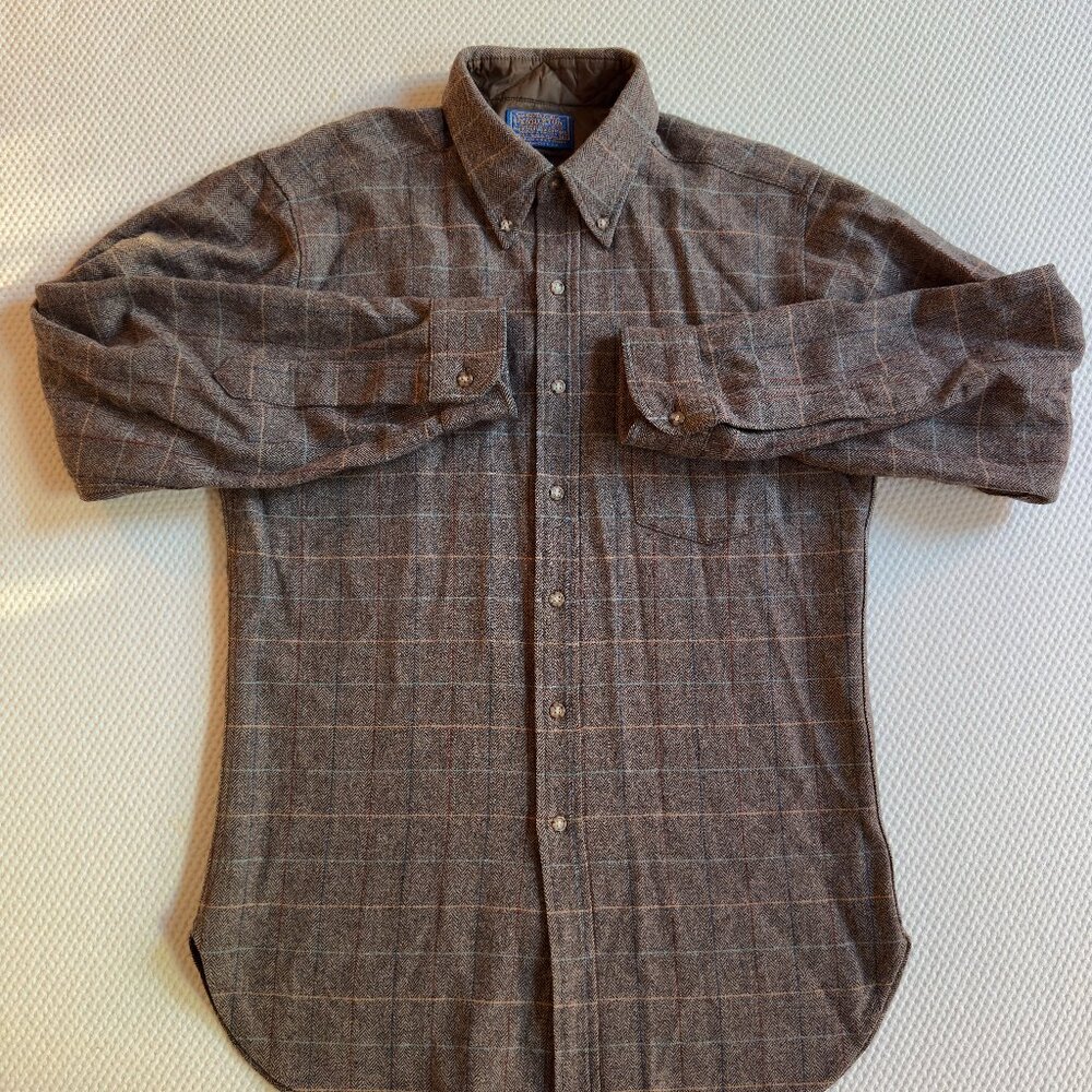 Pendleton wool plaid herringbone tweed style shirt - mens medium